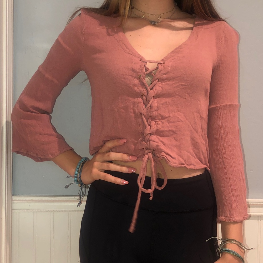 lace up pink blouse